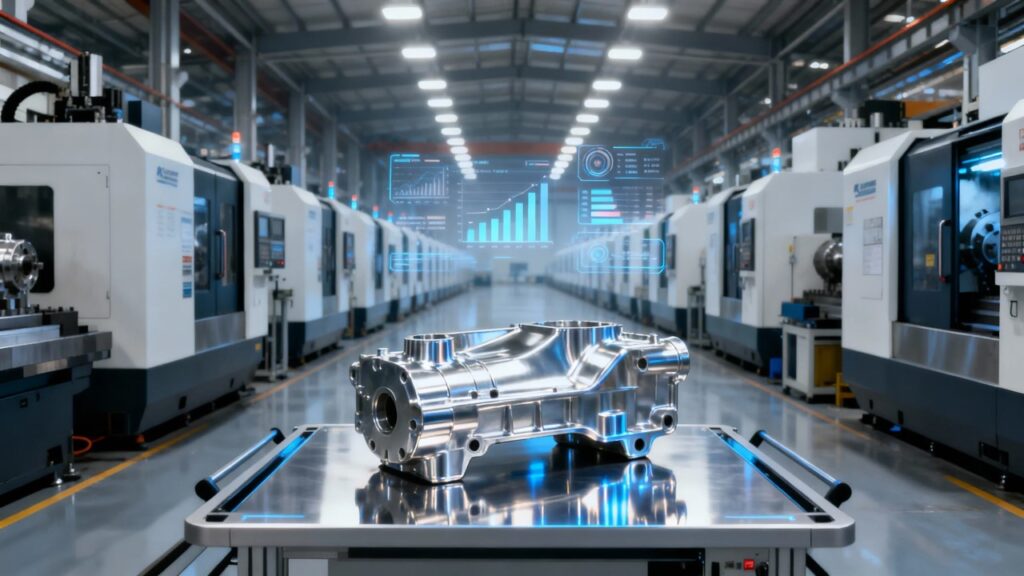 rows of pristine cnc machines and die casting units stretch into the distance.