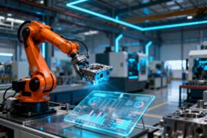 a clean, organized die casting facility with blurred machinery.