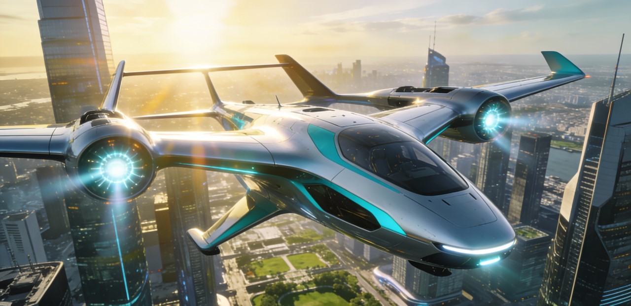 News Futuristic eVTOL aircraft flying over a city skyline, featuring high-strength aluminum die casting motor housings and structural parts for weight reduction.