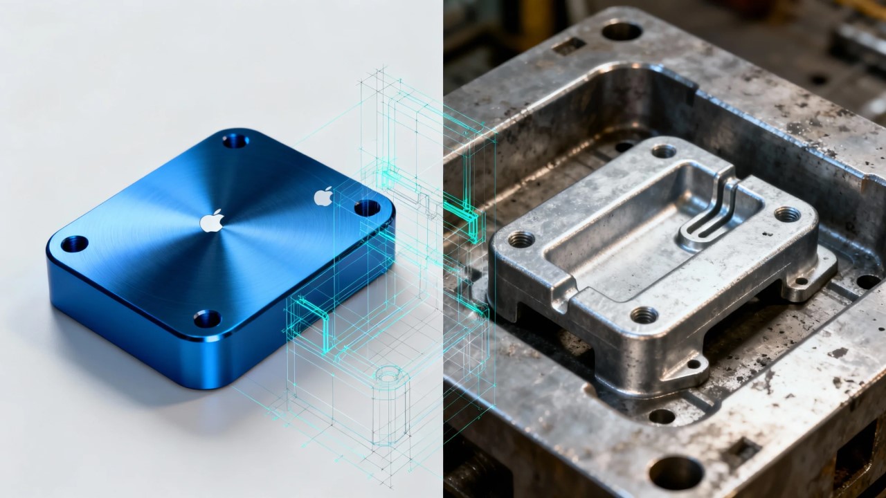 a split screen composition showing the evolution of a high end smartphone aluminum enclosure