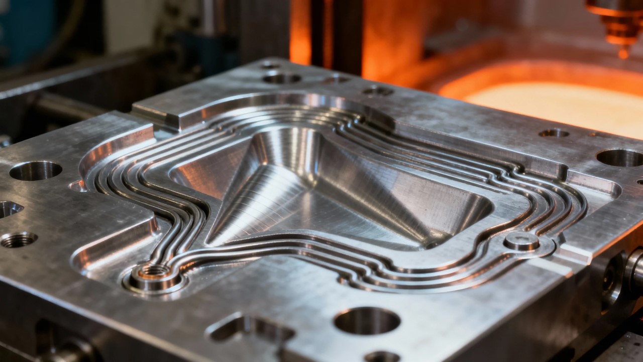 High-pressure die casting mold with runner and gating system design.