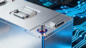 Home photorealistic close up of a prismatic lithium battery aluminum shell and top cover assembly, metallic texture, brushed aluminum finish, high precision engineering.