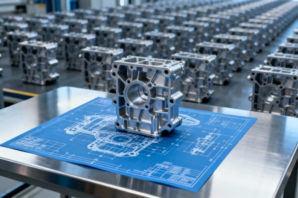 rising from the blueprint is a single, complex aluminum die cast automotive housing.